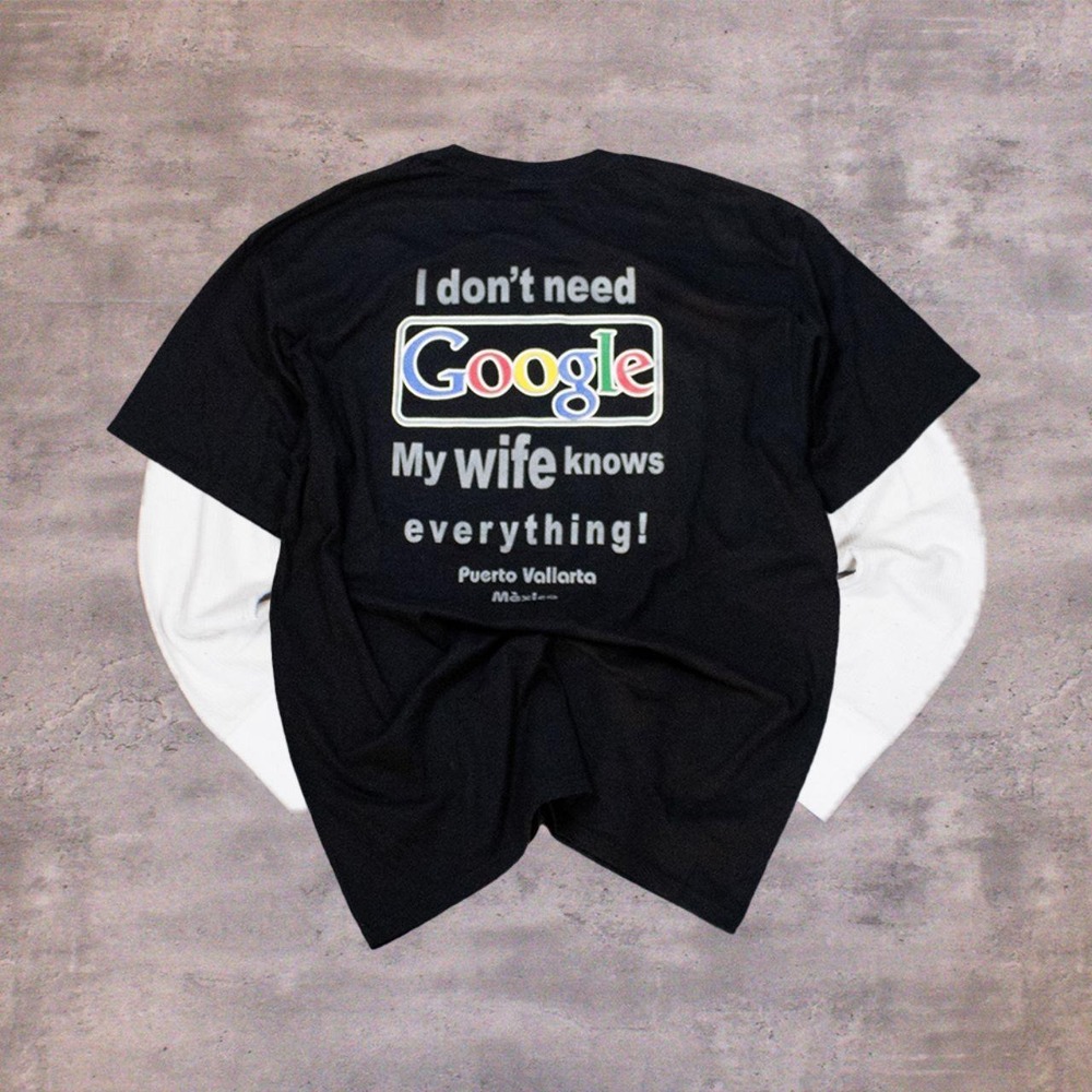 Y2K 00's Yazbek Don't Need Google My Wife Knows Everything Black T-Shirt